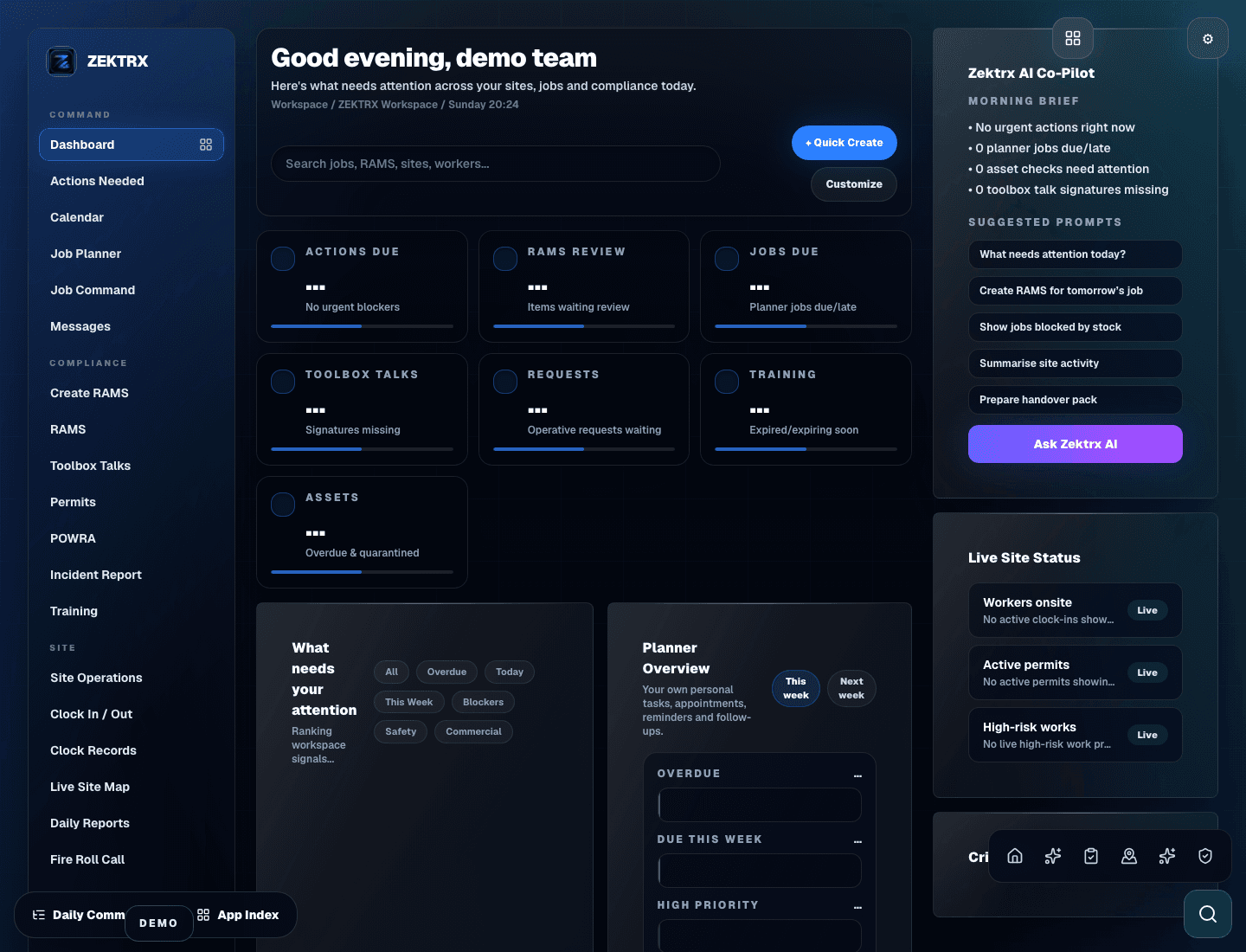 Zektrx construction operations dashboard preview