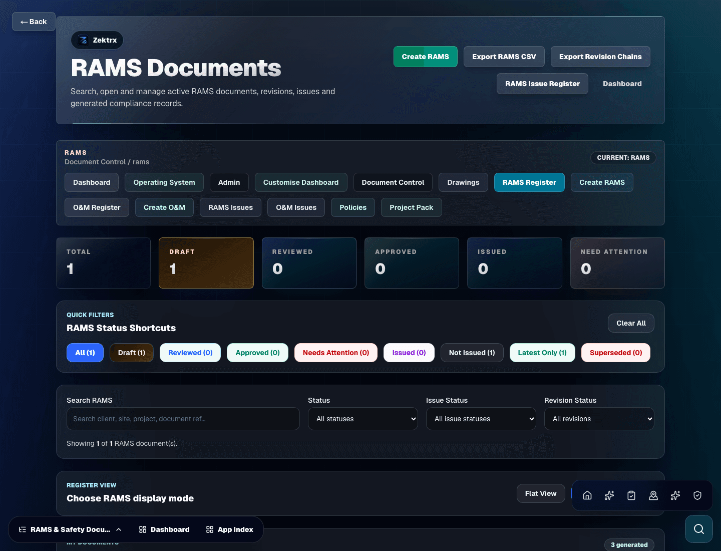 Zektrx RAMS register and evidence workflow preview